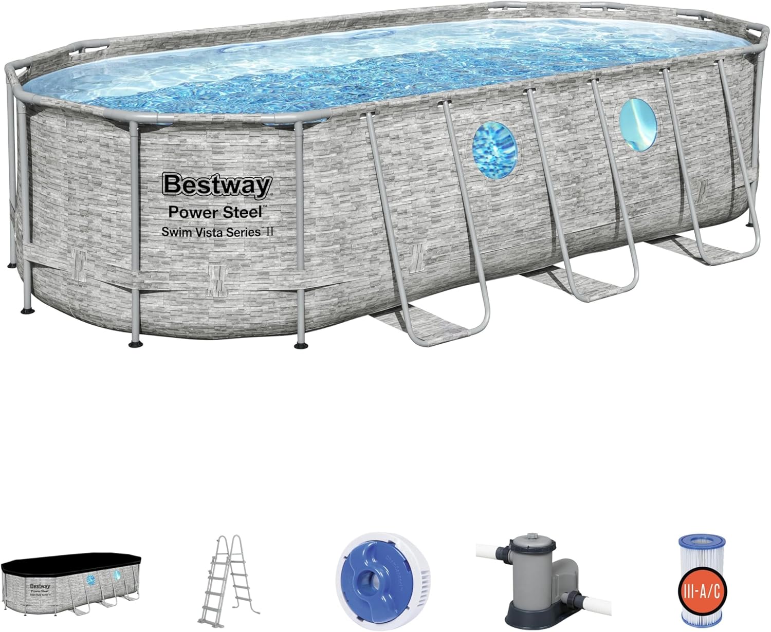Bestway 56946 Piscine Power Steel™ Swim Vista ovale 488 x 305 x 107 cm motif rotin avec hublots, filtration à sable, échelle, bâche et diffuseur Chemconnect™(5,49 x 2,74 x 1,22 m/Motif pierre grise)