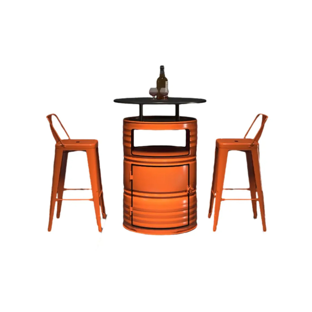 Industrial Black Orange Metal Drum Storage Bar Tables