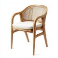 Chaise en bois naturel avec dossier en rotin et assise en tissu beige