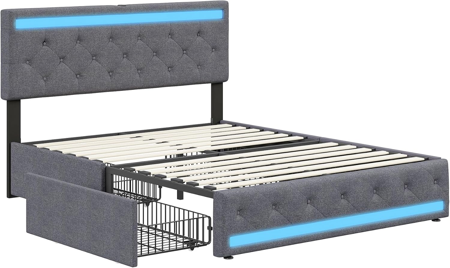 Lit double rembourré 140 x 190 cm avec 4 tiroirs, sommier à lattes, éclairage LED et ports USB, tête de lit réglable