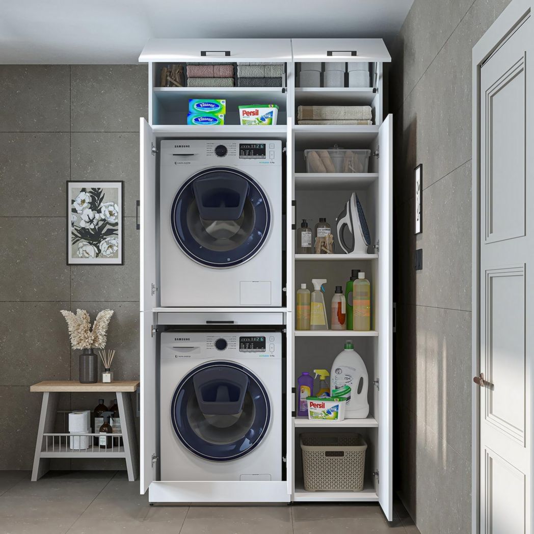 ROOMART Dora - Meuble pour machine à laver - Pour sèche-linge et machine à laver - En 4 couleurs - Avec portes et panneau coulissant - Blanc - Chêne blanc - Chêne anthracite - Chêne blanc (chêne blanc)