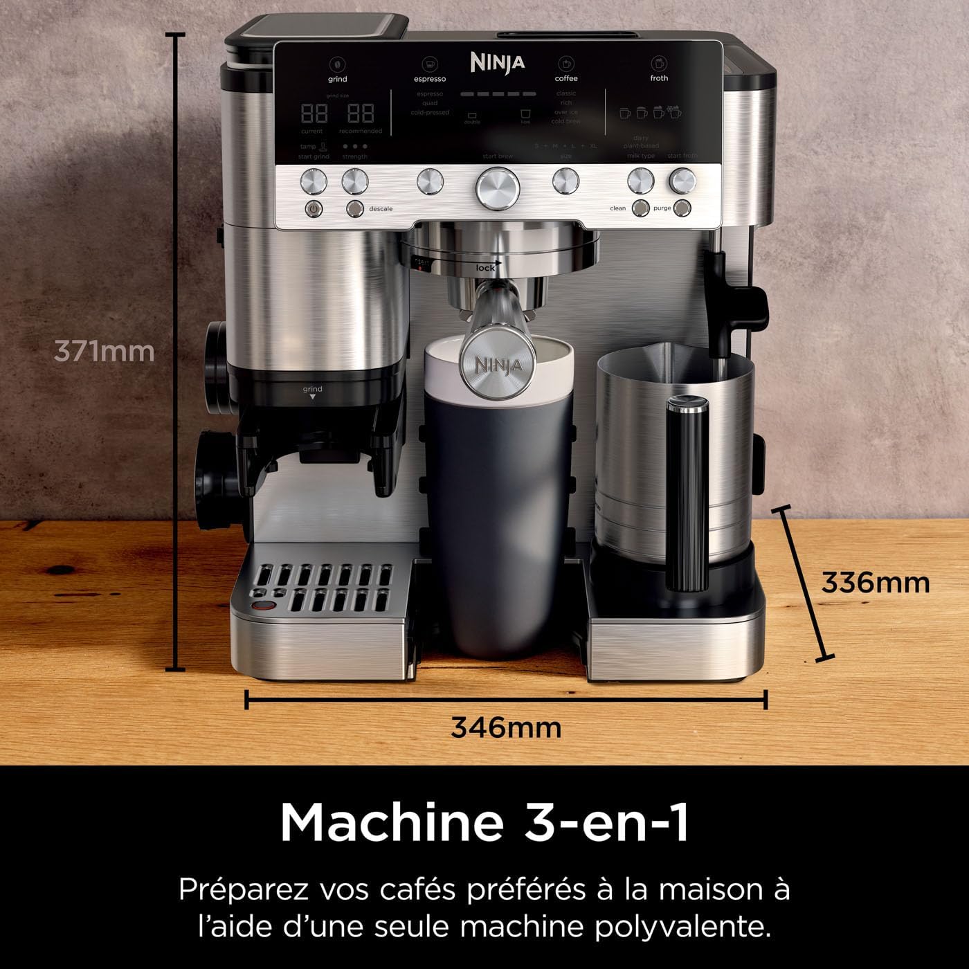 NINJA Machine à café Luxe Essential 2-en-1, Latte, Cappuccino et Espresso avec broyeur à grains et mousseur à lait intégrés, facile à utiliser, 2 préréglages mousse, argent, ES501EU