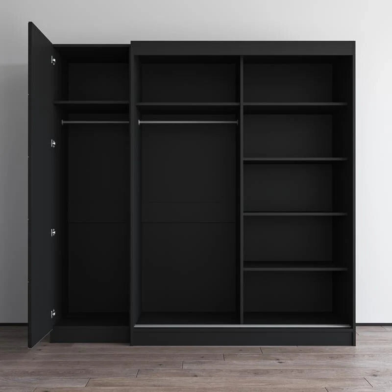 2-Door Wardrobe with Mirror, Glass Front, 2-Person (Gray / Black / White)