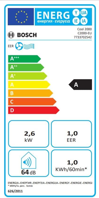 Bosch Cool 2000 Portable AC - 3 en 1 Climatiseur, Déshumidificateur, Ventilateur - 2,6 kW pour les pièces jusqu'à 35m² - Avec Mode Auto, Mode Silencieux et Mode Veille (46 db (A)) [Classe A]