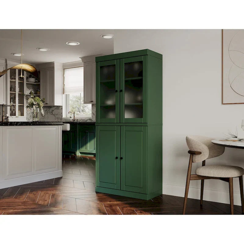 100% Solid Wood Pantry Cabinet with Frosted Glass Doors, Solid Doors, 2-Drawers and Adjustable Shelves