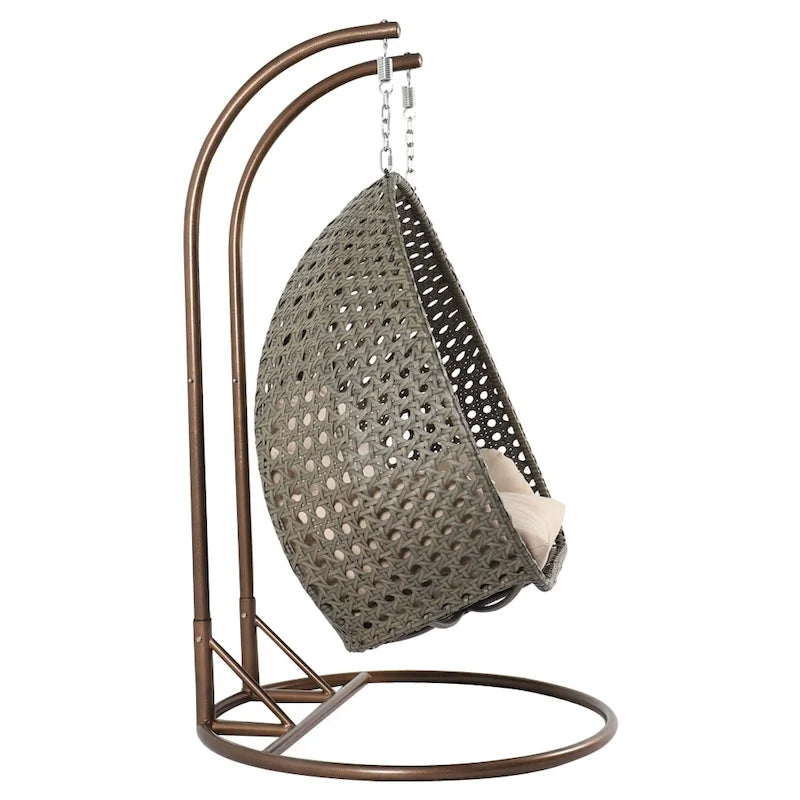 Egg-Shaped Hanging Swing Chair with Metal Stand, Wicker Frame & Cushion �C Beige / Charcoal Blue / White / Blue / Antique White / Brown / Canvas, Seats 2