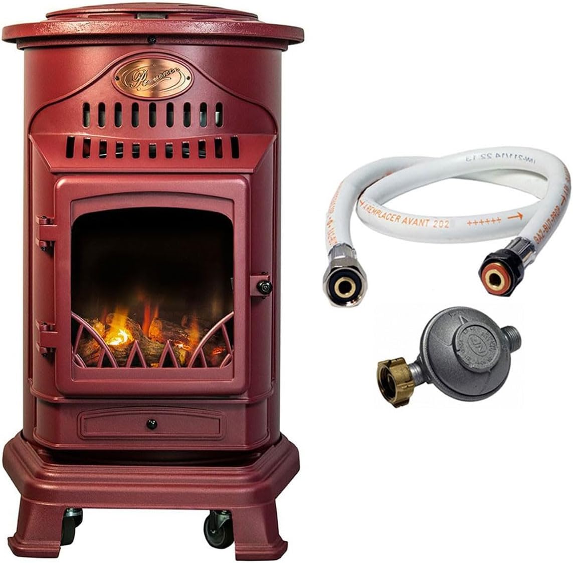 Universal poêle à gaz Provence 3,4 kW rouge, effet poêle à bois en fonte véritable, chauffage d’appoint avec tuyau gaz et détendeur