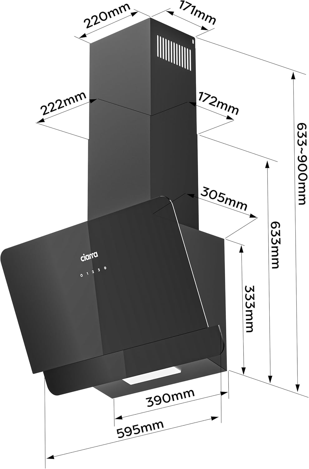 CIARRA CBCB6765C Hotte Aspirante Inclinée 60 cm Classe A+ 580 m³/h, Hotte Murale Tactile, 3 Vitesses, Recyclage & Évacuation, Design Noir Mat avec Filtre à Charbon CBCF055