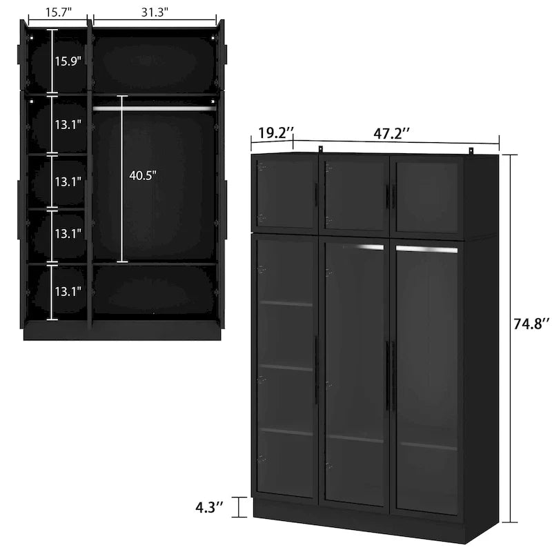 47.2 Wide Armoire LED Light All Glass Door Closet Cabinet Wardrobe