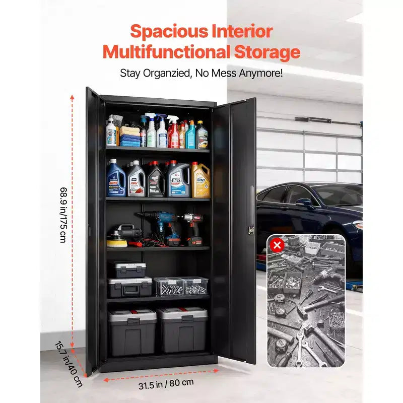 VEVOR Metal Storage Cabinet, 68.9 in Lockable Steel Garage Cabinet with 4 Adjustable Shelves, 2 Magnetic Doors, 2 Keys, 5 Tiers Tool Storage, Black