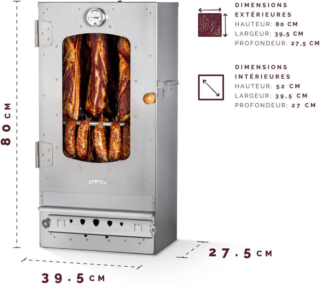 Fumoir KAISER COMPANY '50' en acier inoxydable de haute qualité, portable de 80 cm, pour fumer jusqu'à 10 kg de viande, chauffage au bois
