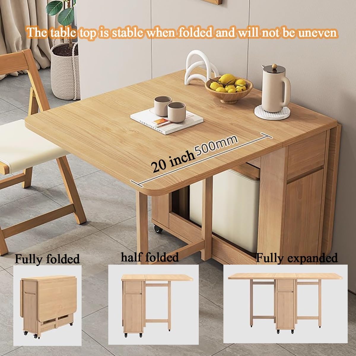 Table à manger pliante avec chaises, table à abattant rétractable en bois massif avec tiroir de rangement, extensible
