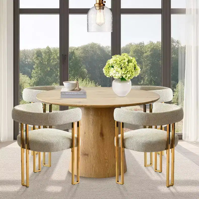Expandable Round to Oval Dining Table Set with 4 Velvet Armchairs, Modern Pedestal Design, Seats Up to 8 People-Panipeachy