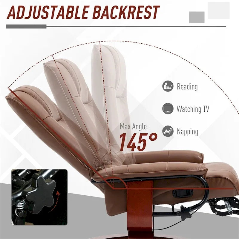 Leather Adjustable Swivel Lounge Chair with Footrest and Armrest
