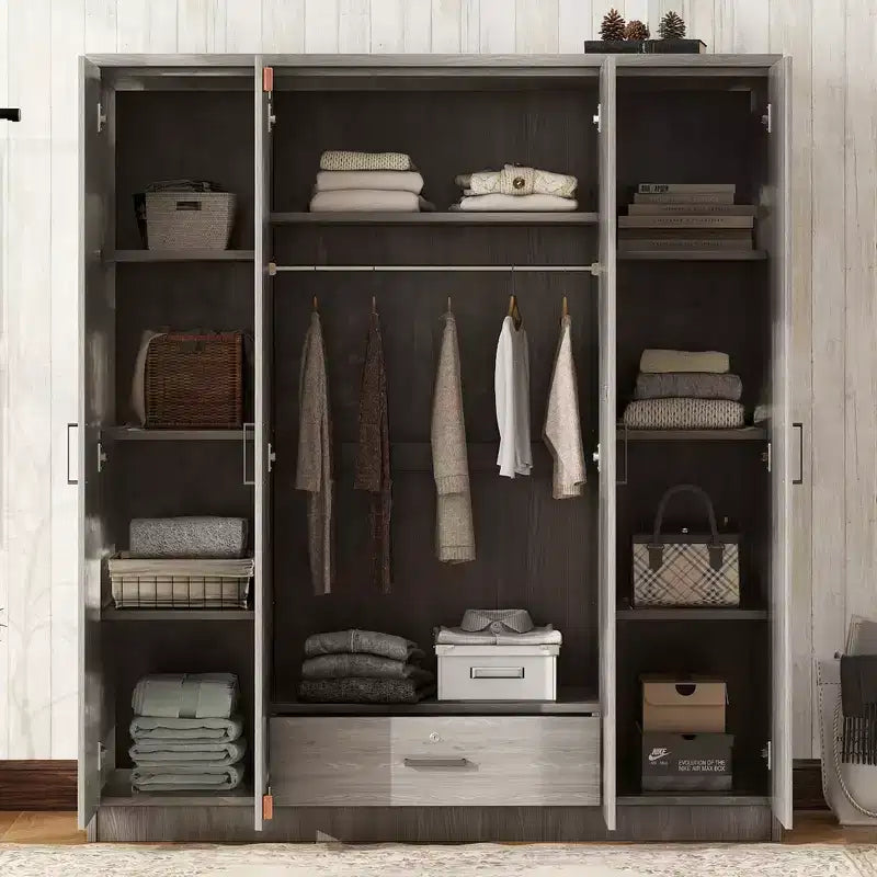Whisen Wood 4-Door Wardrobe Armoire with Hanging Rod, 1-Drawer and Storage Shelves