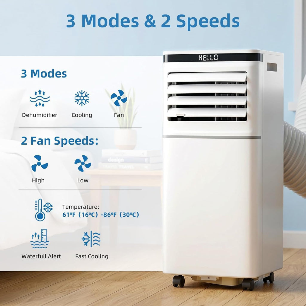 Climatiseur portable 8000 BTU, télécommande, mode ventilateur, refroidit 350 m², minuterie 24 heures, fonctionnement silencieux, fenêtre, 2 vitesses de ventilateur pour chambre à coucher, bureau