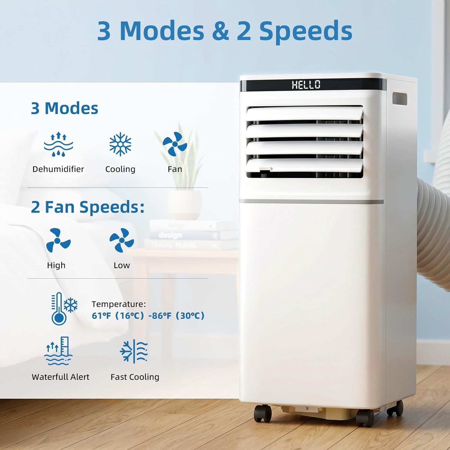 Climatiseur portable 8000 BTU, télécommande, mode ventilateur, refroidit 350 m², minuterie 24 heures, fonctionnement silencieux, fenêtre, 2 vitesses de ventilateur pour chambre à coucher, bureau