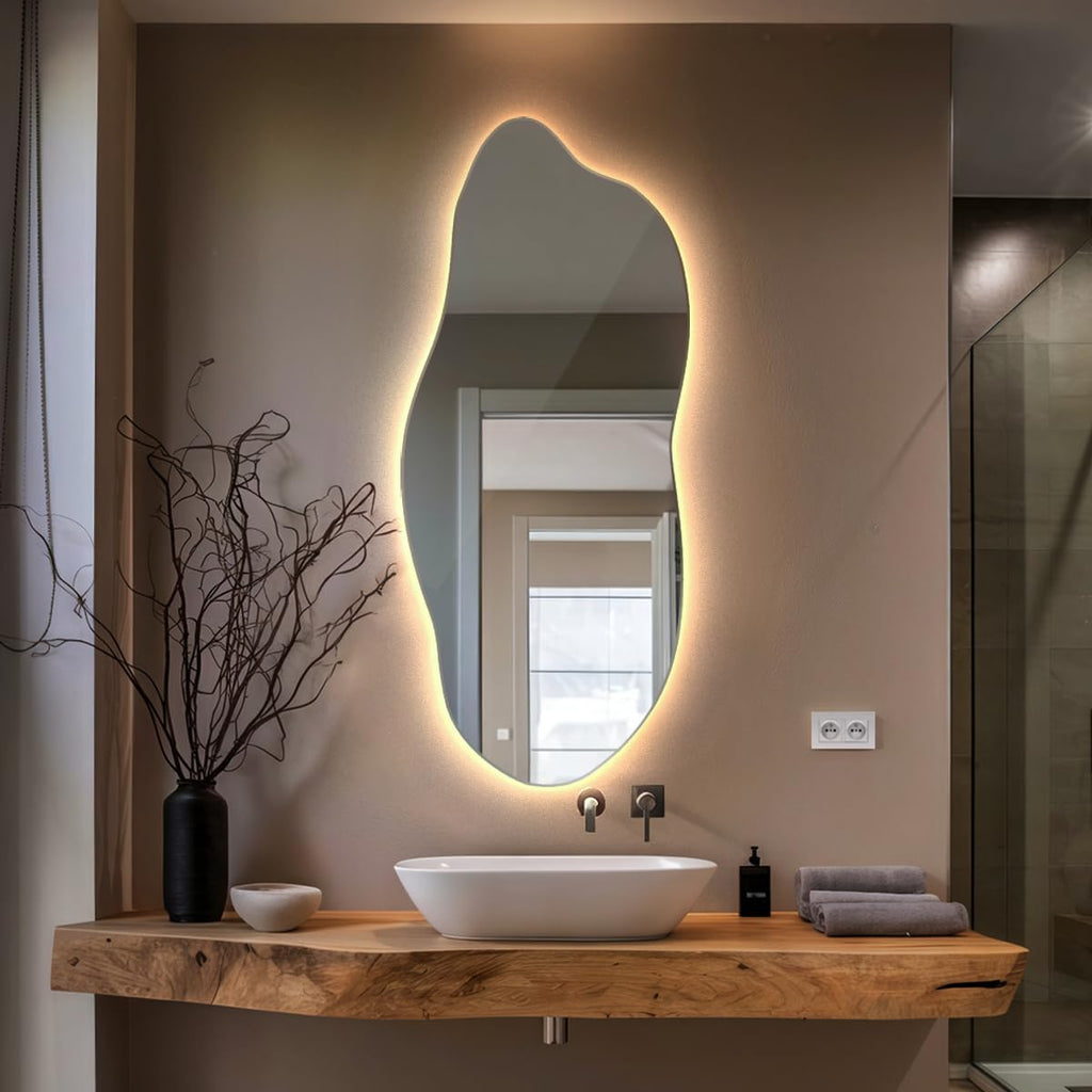 Grand Miroir LED 45x100 cm Blanc Chaud Lumière Chaude Irrégulier Asymétrique Cuisine Miroir Mural sans Cadre Décoration Murale Design Minimalisme Esthétiquement Installation Verticale ou Horizontale
