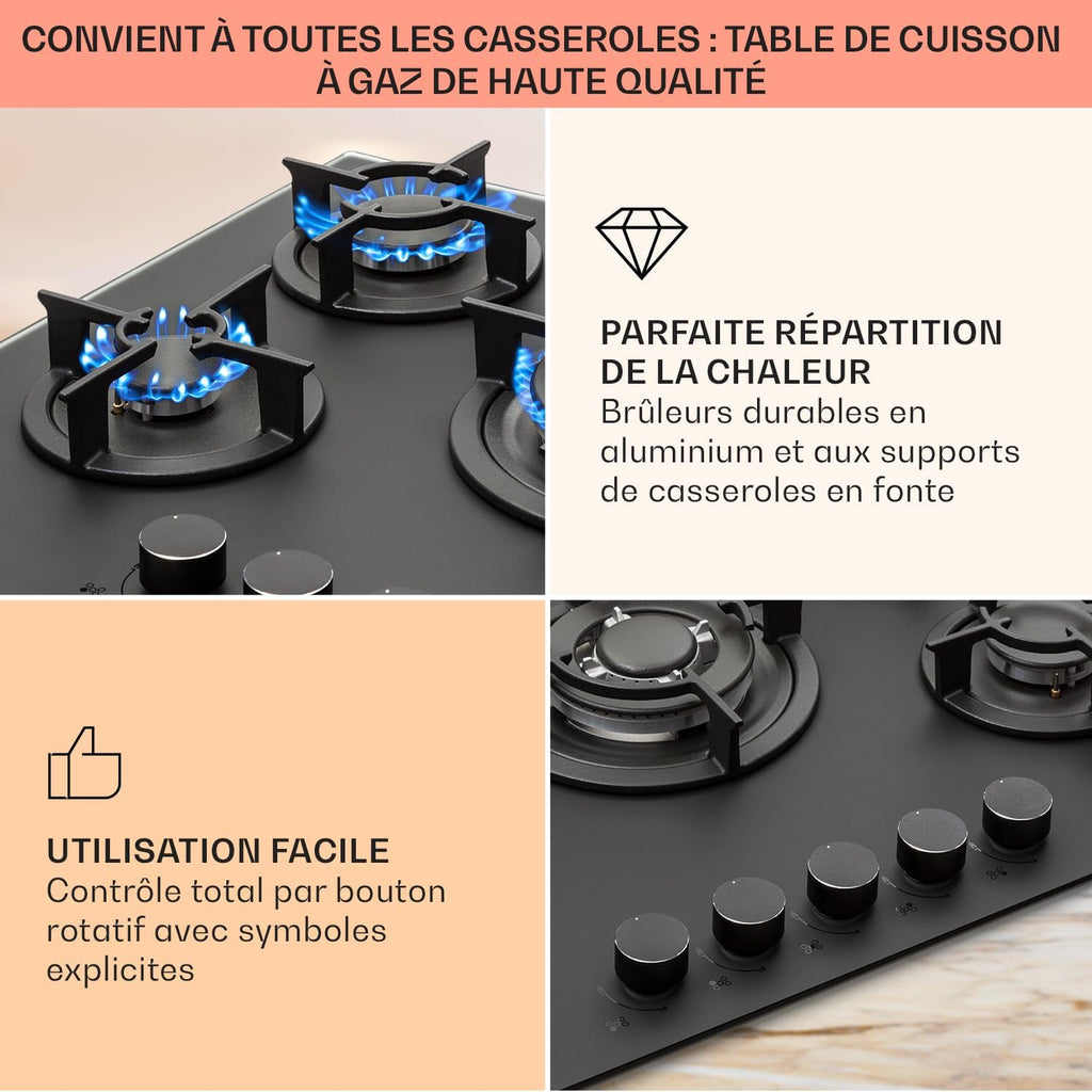 Klarstein Table de Cuisson à Gaz, Plaque de Cuisson Gaz à 5 Brûleurs, Table de Cuisson Encastrable à 5 Feux de 10400W, Cuisiniere Gaz, Gaziniere Gaz avec Brûleurs en Acier Inoxydable, Cuisinières GPL