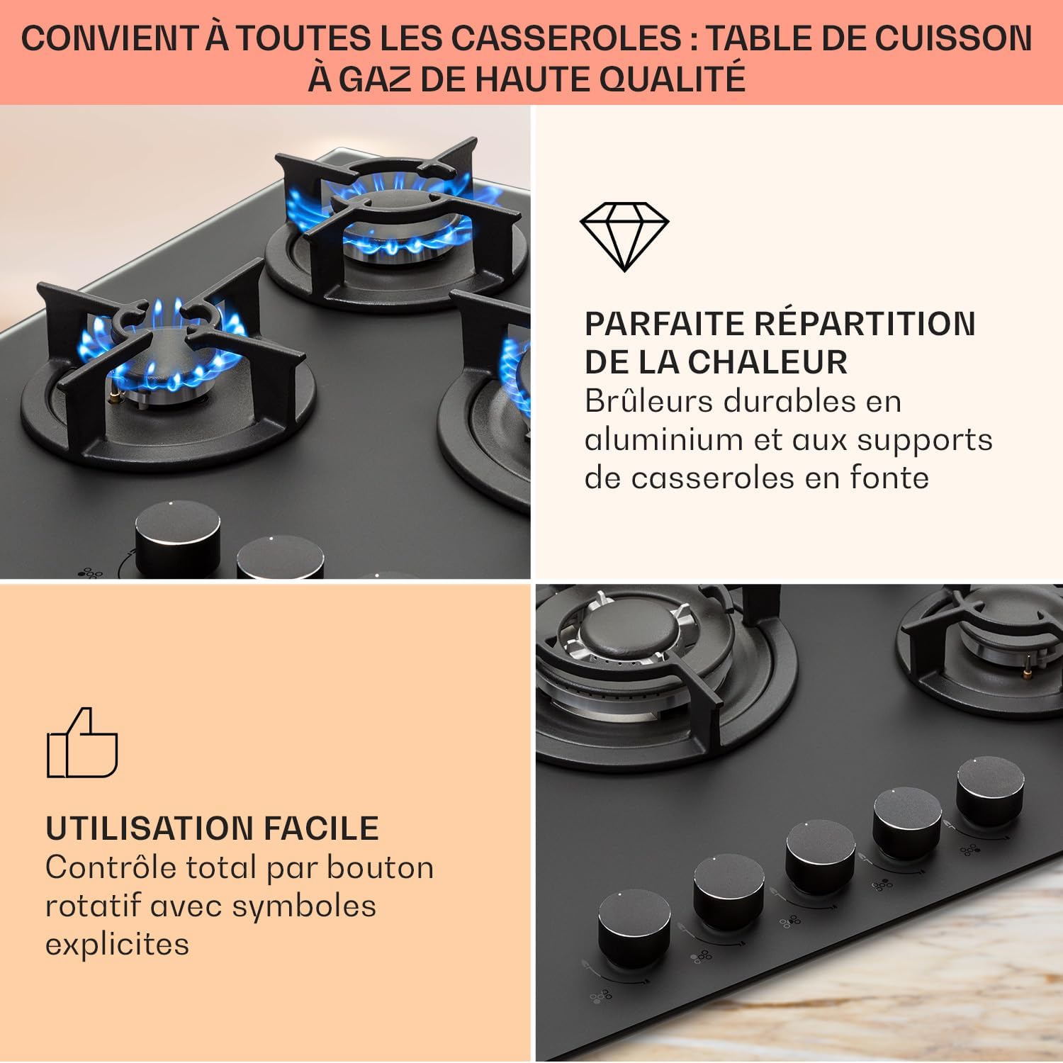 Klarstein Table de Cuisson à Gaz, Plaque de Cuisson Gaz à 5 Brûleurs, Table de Cuisson Encastrable à 5 Feux de 10400W, Cuisiniere Gaz, Gaziniere Gaz avec Brûleurs en Acier Inoxydable, Cuisinières GPL