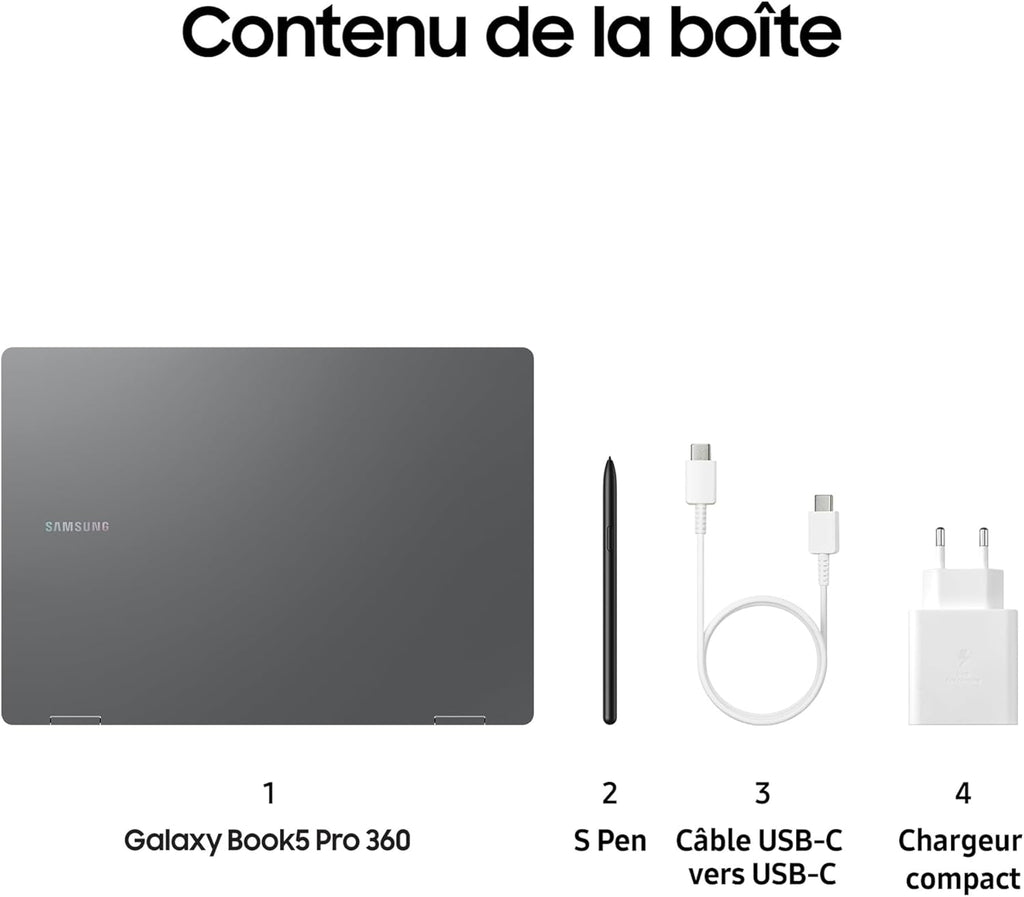 Samsung Galaxy Book5 Pro 360 16", Copilot+ PC, Ordinateur Portable avec IA, Processeur Intel Core Ultra 7, Mémoire 16 Go RAM, Stockage 512 Go, Clavier AZERTY Fr, Anthracite