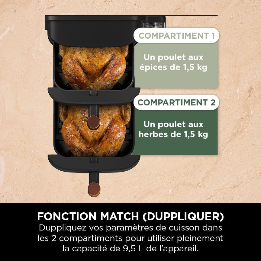 NINJA Double Stack XL Air Fryer 2 Compartiments Verticale, Compact, 4 Niveaux de Cuisson, Capacité de 9,5L, Air Fryer 6-en 1, Pièces Antiadhésives Amovibles Lavables Au Lave-Vaisselle, Noir/Cuivre
