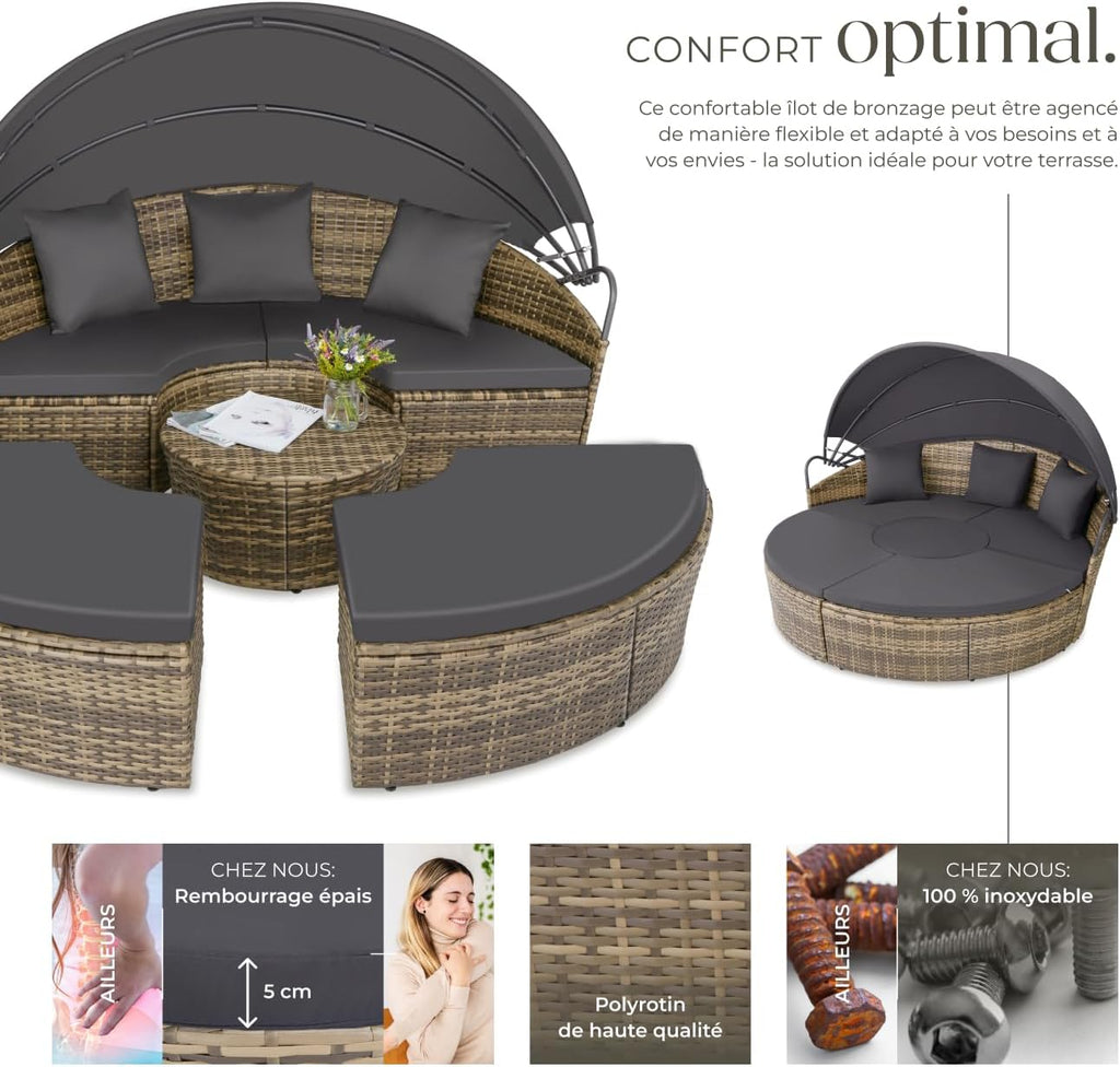 tectake Bain de soleil Salon de jardin exterieur Modulable en Résine tressée avec Pare Soleil Pliable, Coussins Inclus, Chaise longue Relax Mobilier de Jardin pour Amenagement Balcon Terrasse Veranda