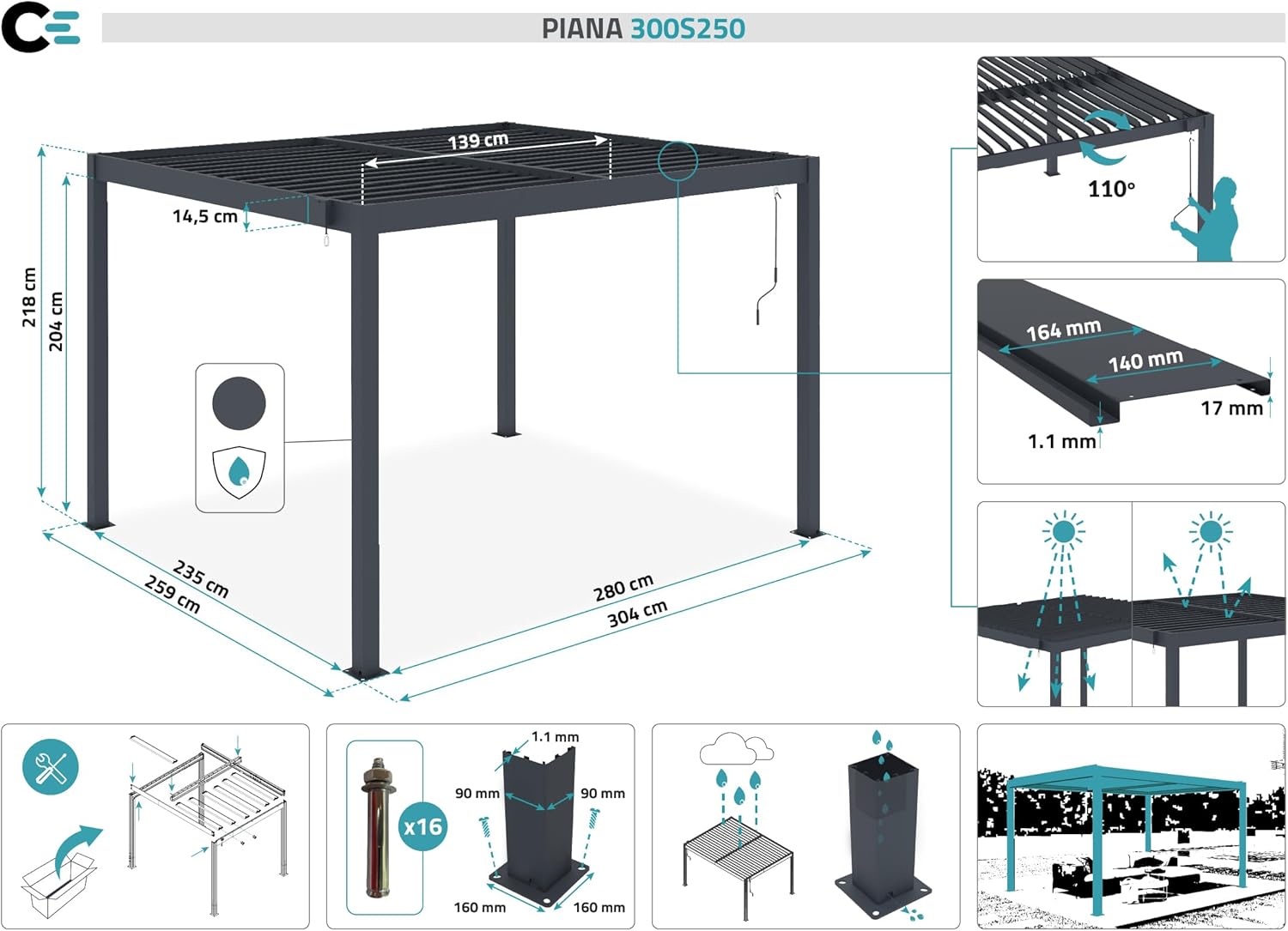CAZEBOO Pergola Bioclimatique Autoportante Piana 3x2,5 m - 7,5 m² – Pergola Aluminium Gris avec Lames Orientables en Acier – Abri Terrasse et Jardin