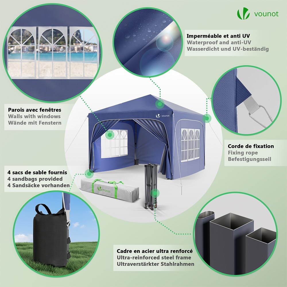 VOUNOT® Tonnelle de Jardin 3x3m Tente Pliable Imperméable avec Parois Anti UV Chapiteau de Jardin Exterieur Hauteur Réglable avec Sac de Transport pour Camping Festival Plage Jardins Bleu