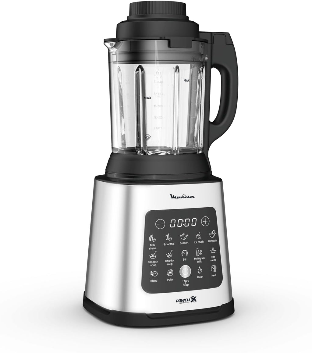 Moulinex Perfectmix Cook blender chauffant à haute vitesse, 10 programmes automatiques, 1400 W, YY5607FG, Noir et Transparent, Métal