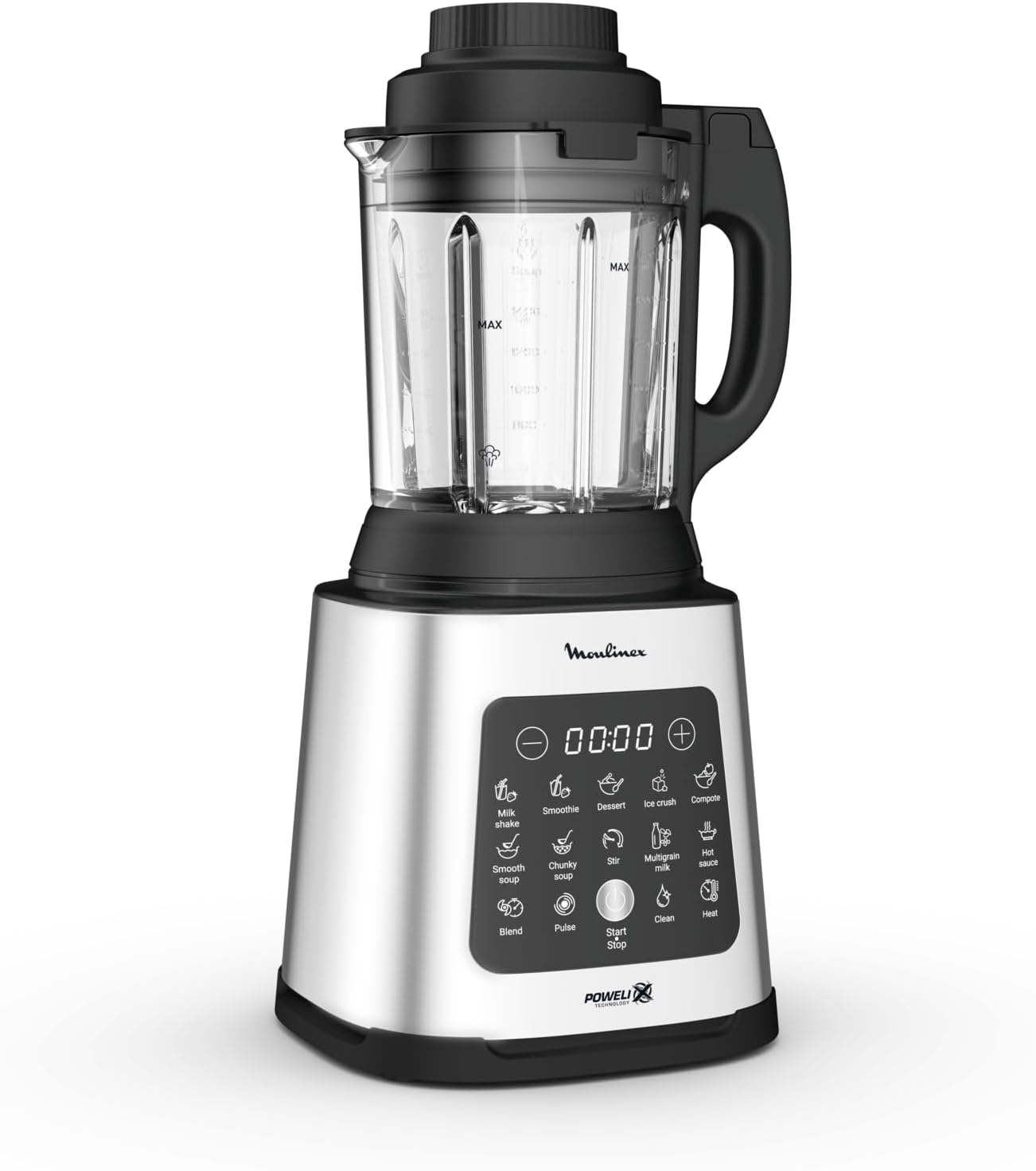 Moulinex Perfectmix Cook blender chauffant à haute vitesse, 10 programmes automatiques, 1400 W, YY5607FG, Noir et Transparent, Métal