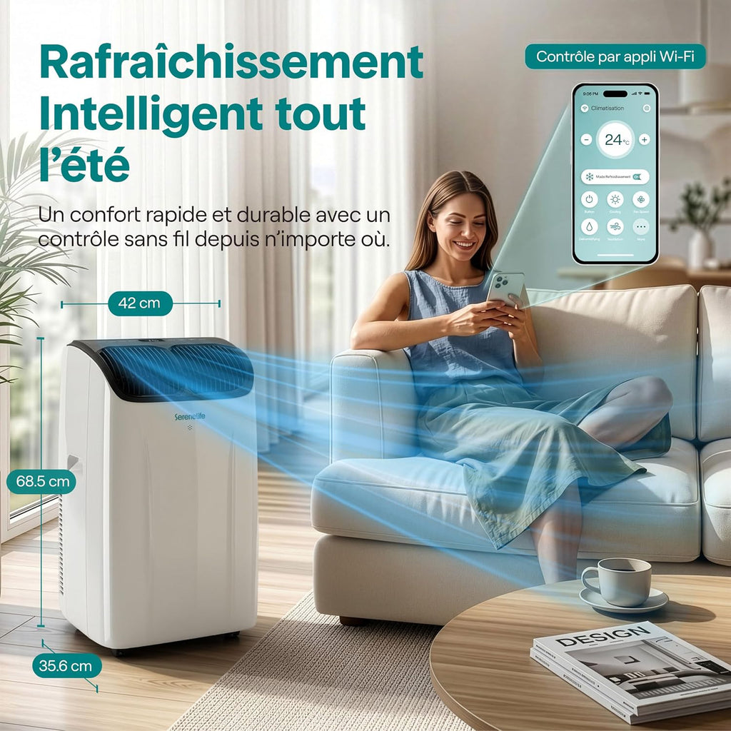 SereneLife Climatiseur Portable 14 000 BTU – Clim Mobile 3 en 1 Silencieuse avec WiFi, Déshumidificateur, Ventilation, Télécommande et Kit Fenêtre, Contrôle APP, Minuterie 24 h