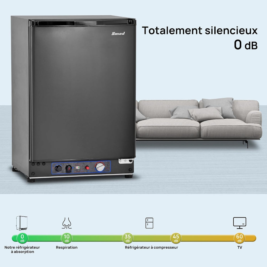 Smad Frigo Gaz Camping Car, 60L, Frigo Trimixte 12V 220V Gaz, Réfrigérateur Silencieux pour Camping-car, Caravane, Gîte, Mobile-home, Noir