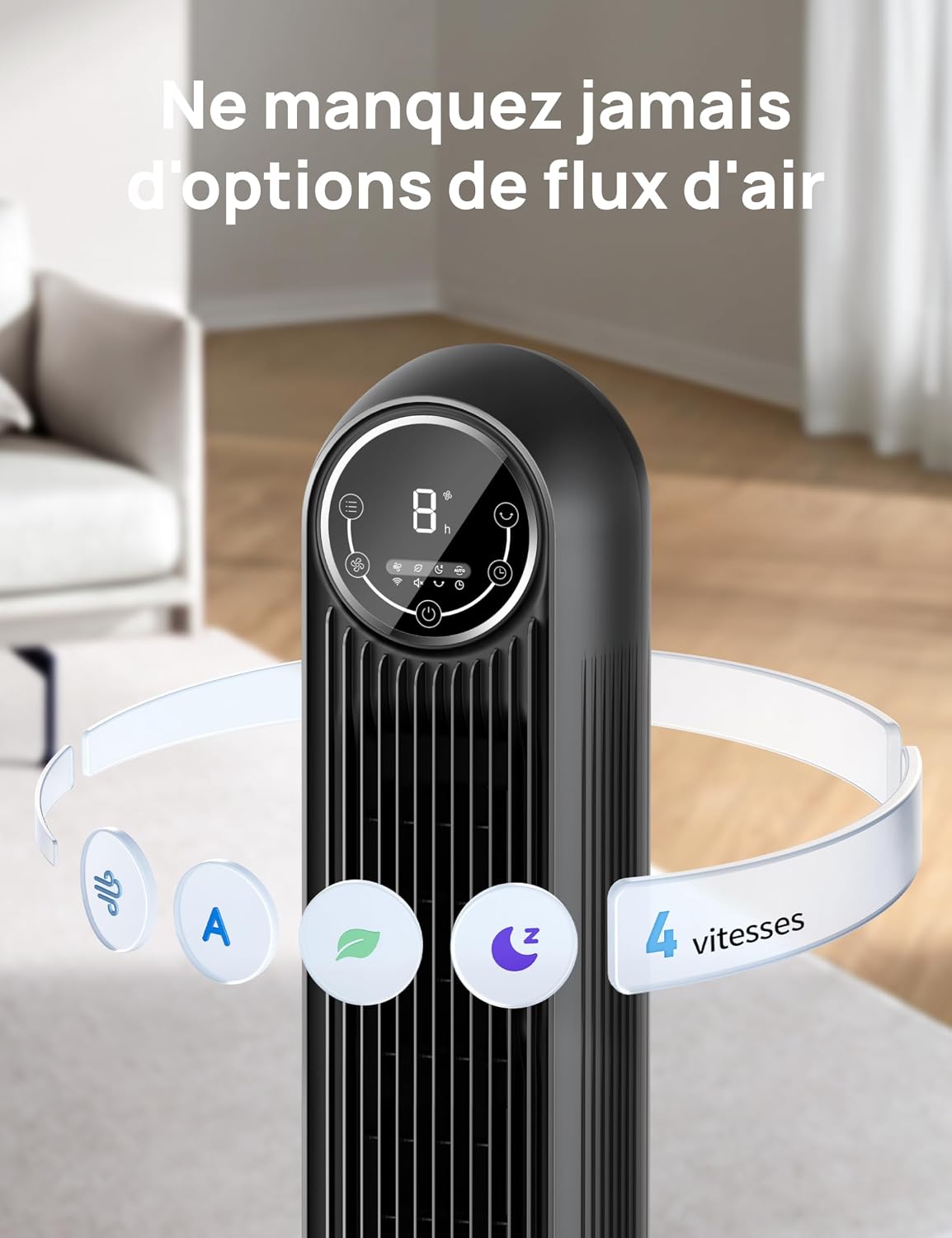 DREO Ventilateur tour intelligent avec fonction WiFi, ventilateur silencieux avec contrôle vocal et télécommande, oscillation à 90°, 4 modes, 4 vitesses, minuterie 8H, ventilateur de refroidissement