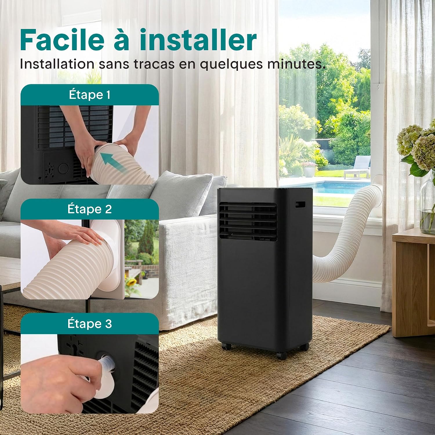 SereneLife Climatiseur Mobile 9000 BTU 2,0 kW – Climatiseur Portable avec Évacuation, 3 en 1 Refroidissement Déshumidificateur Ventilateur, Silencieux 54 dB, Télécommande et Kit Fenêtre
