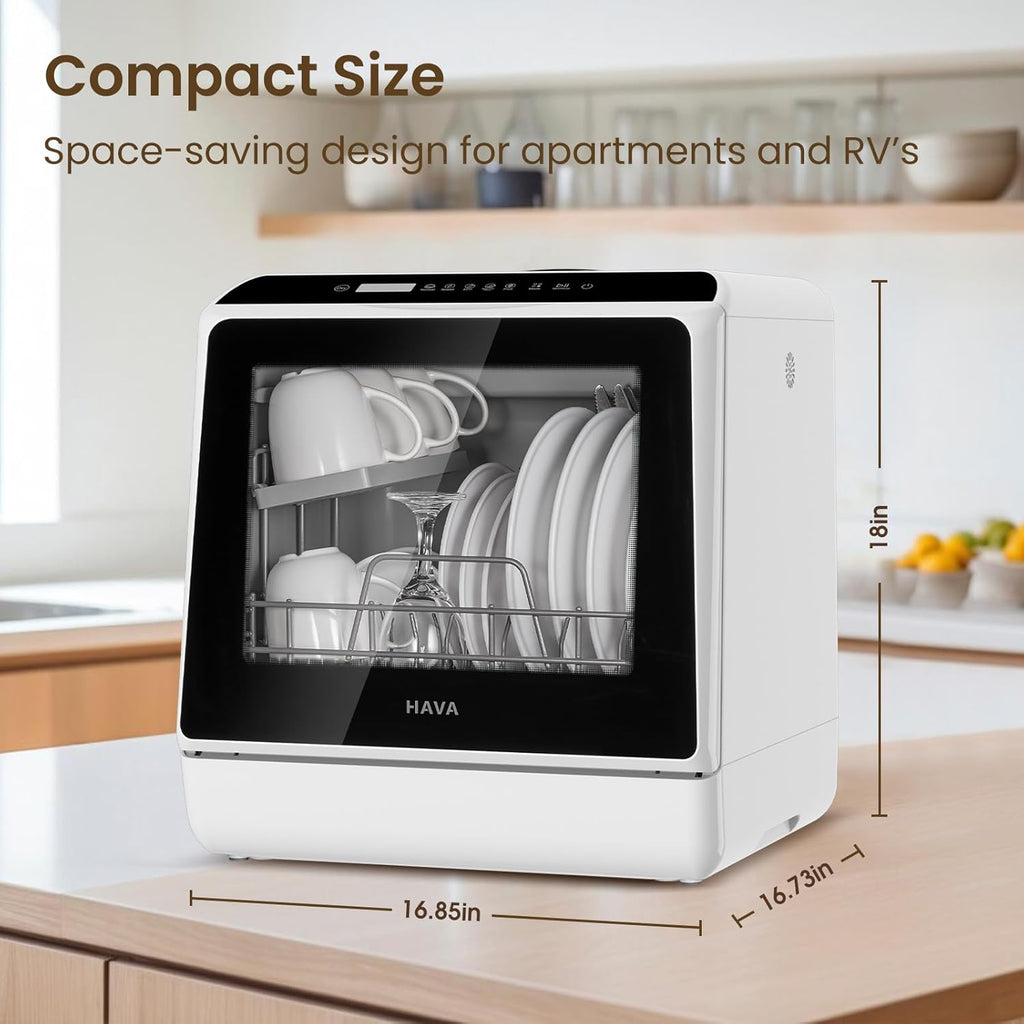 HAVA mini lave-vaisselle portable, 6 programmes avec réservoir d’eau intégré 5 L, sans branchement, fonction soin bébé et séchage à l’air, pour appartements et camping-cars