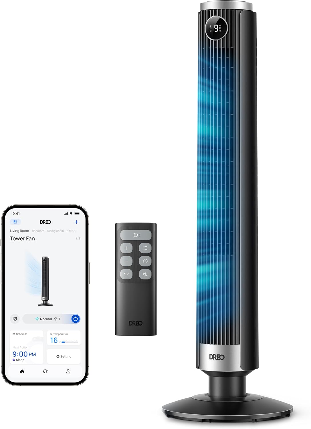 DREO Ventilateur colonne intelligent 554S, ventilateur sur pied réglable 102–114 cm, 8.4 m/s, oscillation 90°, silencieux 20 dB, 9 vitesses, 4 modes, minuterie 12 h, compatible Google et Alexa