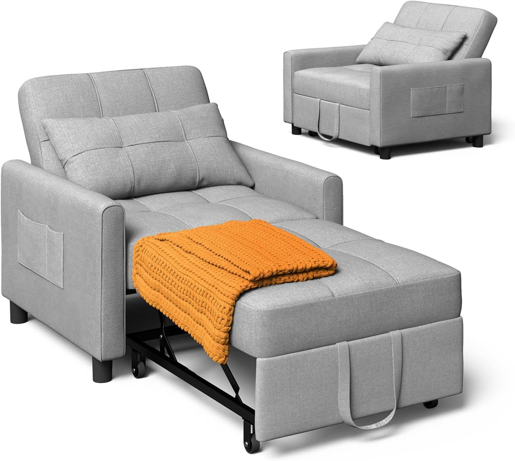 Xbro Fauteuil-lit 3 en 1 Convertible 1 Place, Fauteuil-lit avec Fonction Lit, Canapé-lit Réglable avec Coussin et Sac, Fauteuil avec Fonction Lit pour Petit Appartement (Gris Clair)