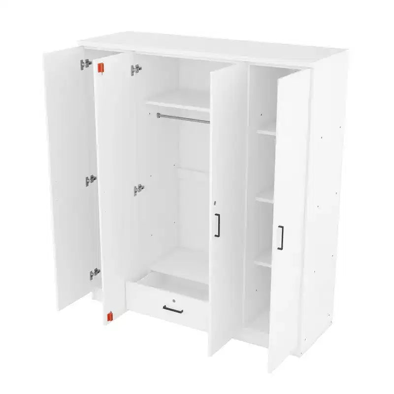 Whisen Wood 4-Door Wardrobe Armoire with Hanging Rod, 1-Drawer and Storage Shelves