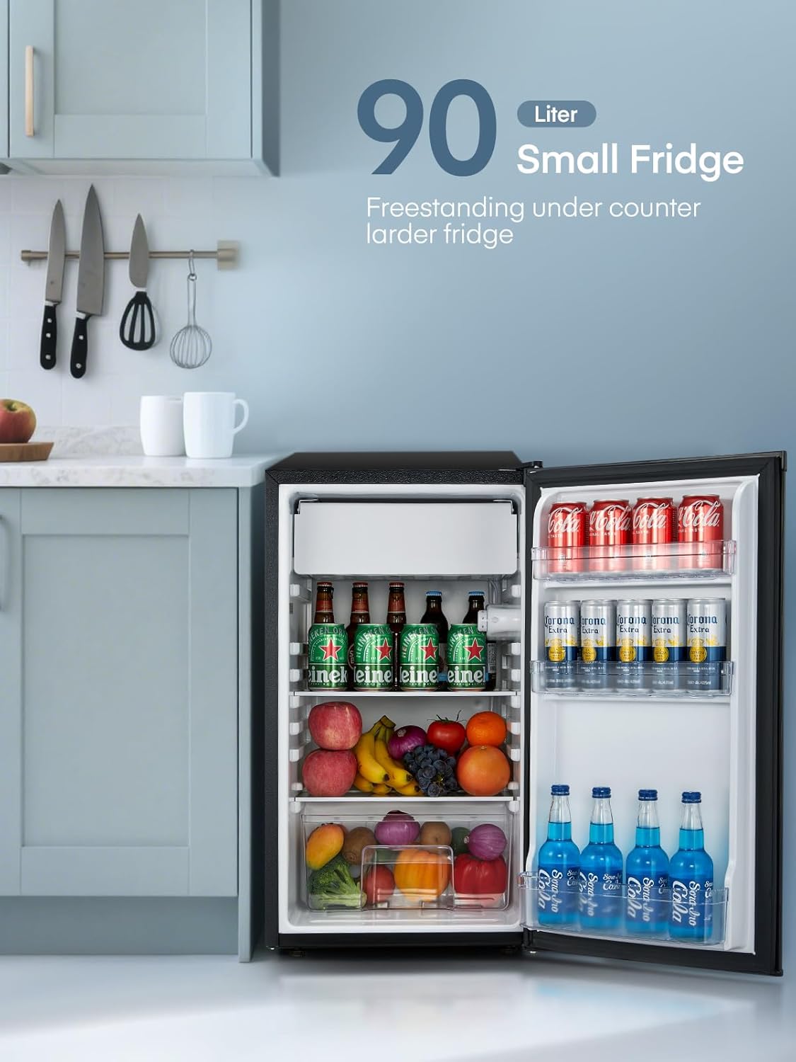 FOHERE Petit Frigo avec Congélateur de 91L, Réfrigérateur à une porte, Bac à Légumes, Thermostat Réglable, Silencieux, Petit Frigo de Bureau, Porte Réversible, Dortoir, Chambre, Noir