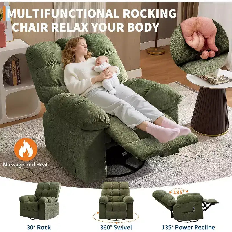 Massage Recliner Chair with Heat - 360 Swivel Rocker, Oversized Single Sofa w/ Vibration, USB & Storage Pockets for Living Room/Bedroom