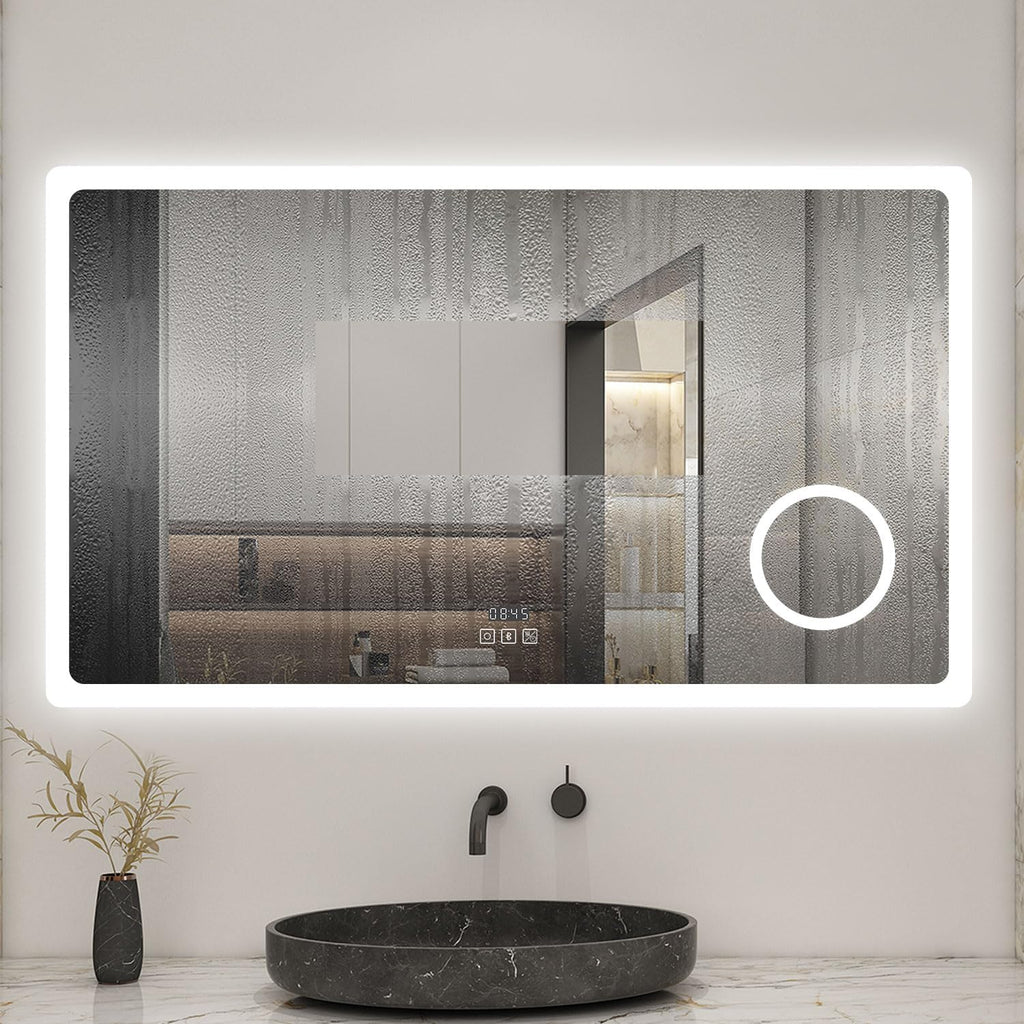 AICA Miroir Salle de Bain rectangulaire 120 x 70cm, Bluetooth + 3 Couleurs + dimmable + grossissant + Horloge + Anti-buée + mémoire, Miroir Lumineux