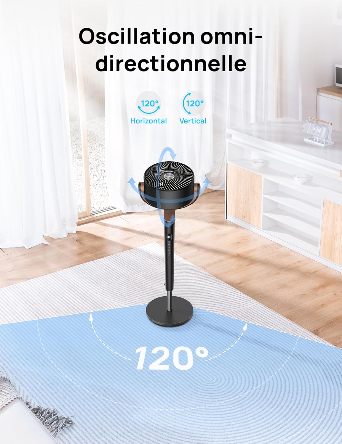 DREO ventilateur sur pied silencieux 20 dB avec oscillation omnidirectionnelle 120°+120°, portée du vent 26 m, débit d’air 1615 m³/h, circulateur Turbo, hauteur réglable 94–107 cm, 3 modes, 8 vitesses