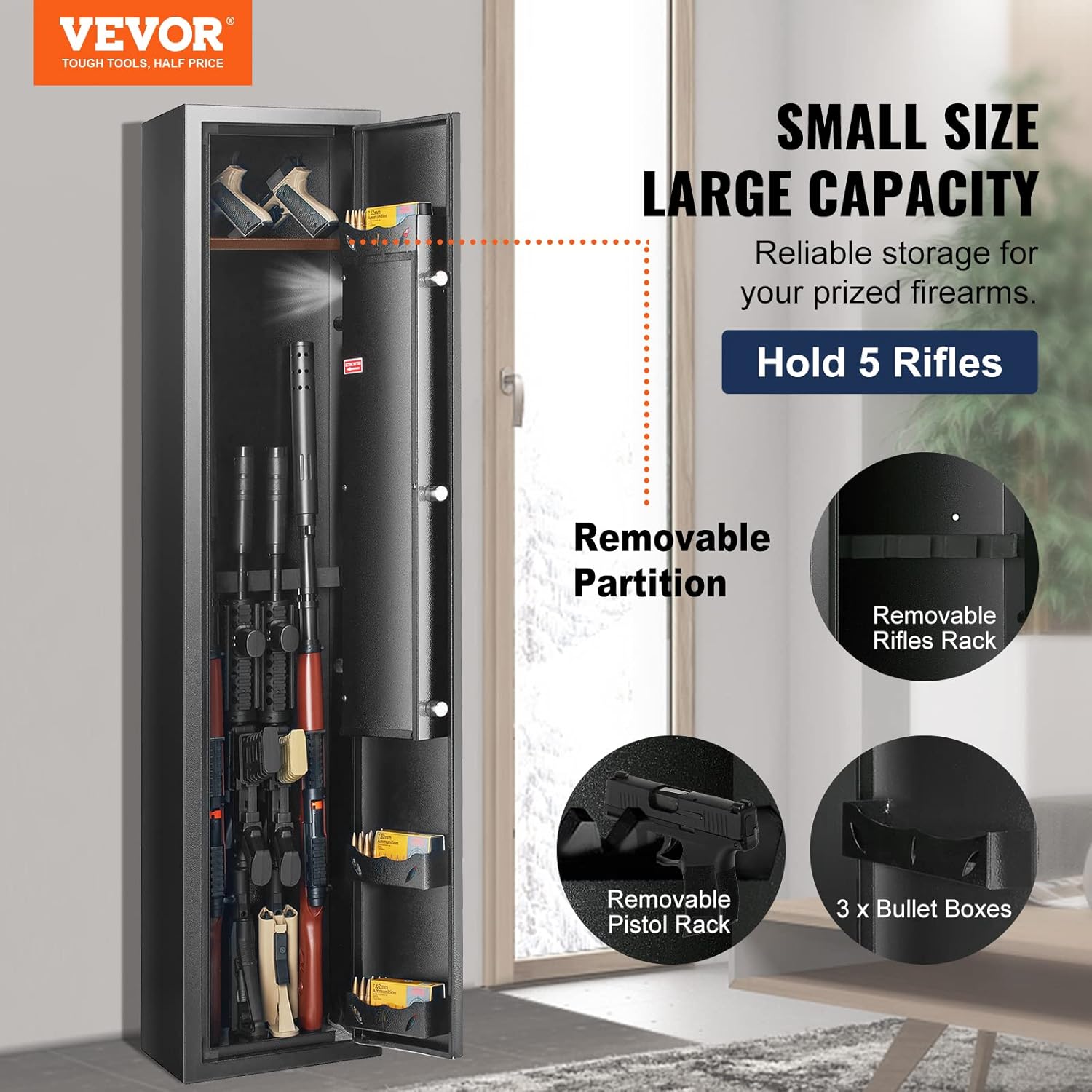 VEVOR Armoire à 5 Fusils 4 Pistolets en Acier Coffre-Fort pour Armes à Feu 2 Façons de Verrouillage Empreinte Digitale et Clé Anti-Effraction Alarme Antivol et Mode Silencieux Domicile 28x30x138 cm