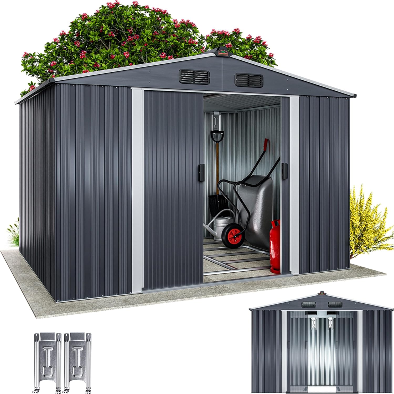 GARDEBRUK Abri de Jardin métal XXL 5m² Fondation 260x205x180cm Porte coulissante Anthracite-métallique cabane de Jardin cabanon de Jardin 9m³