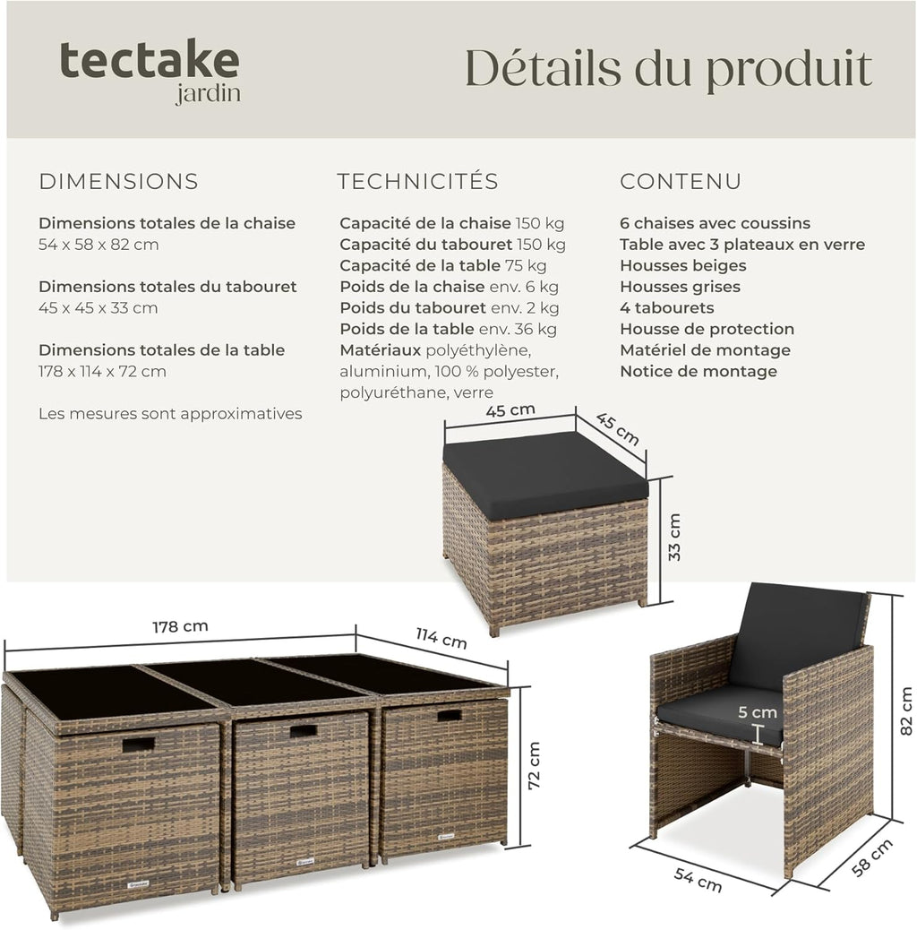 TecTake Salon de Jardin Exterieur en Résine Tressée Poly Rotin Salon de Jardin Table 10 Personnes Fauteuil Exterieur Encastrable Aluminium, 2 Sets de Housses + Housse de Protection – Marron Naturel