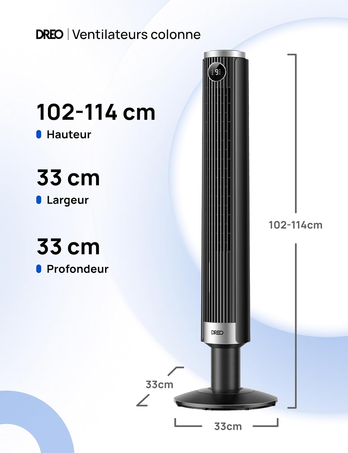 DREO Ventilateur colonne intelligent 554S, ventilateur sur pied réglable 102–114 cm, 8.4 m/s, oscillation 90°, silencieux 20 dB, 9 vitesses, 4 modes, minuterie 12 h, compatible Google et Alexa