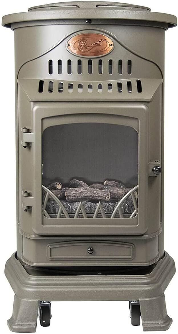 Chauffage d'appoint gaz Provence 3,4 KW Marron miel Effet poêle à bois Fonte Tuyau gaz vissable 1.5 m + detendeur butane