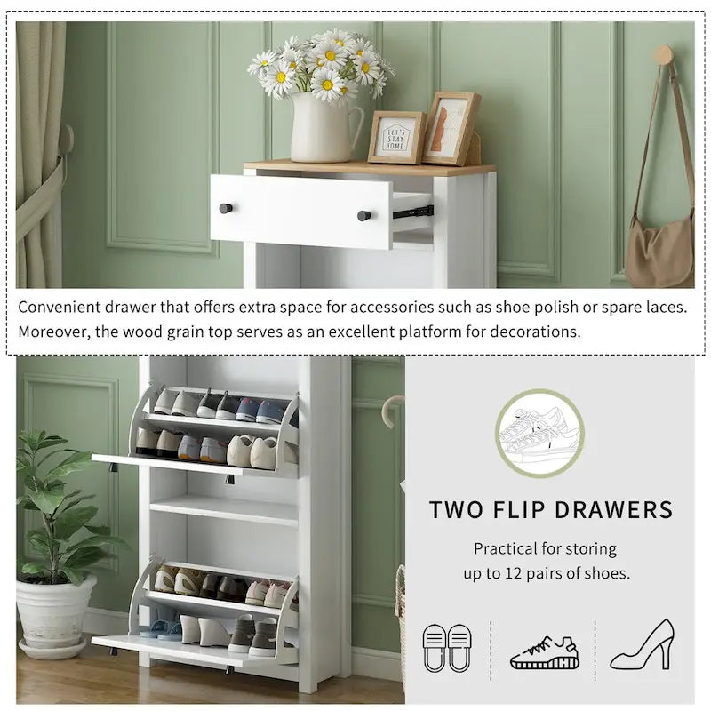 Entryway Organizer with 2 Drawers,Wood Grain Pattern Top Shoe Cabinet with Drawer, Free Standing Shoe Rack with Adjustable Panel
