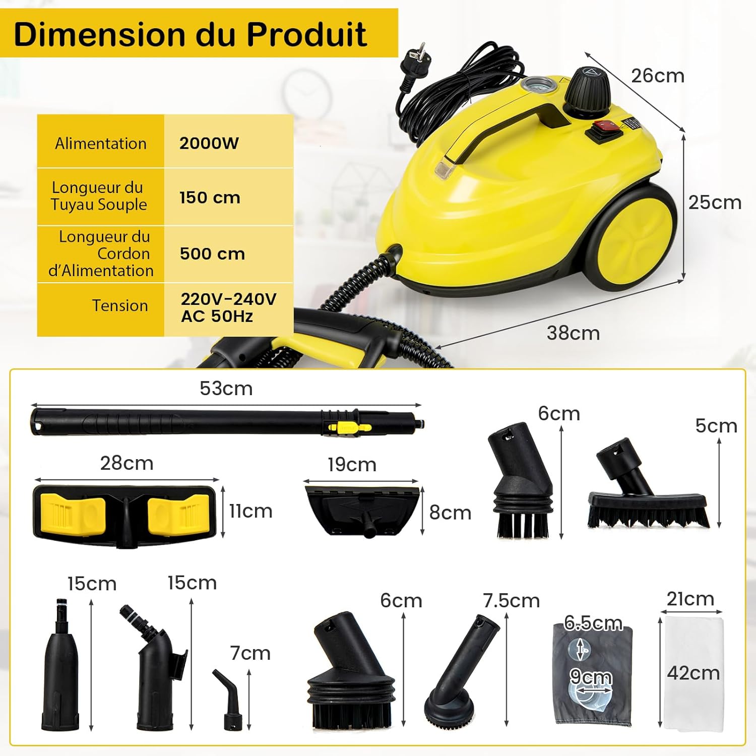 GOPLUS Nettoyeur Vapeur, 13 Accessoires, Pression 5 Bar Puissance 2000W avec Réservoir d'Eau 1,8L, Balai Vapeur pour Tapis, Fenêtre, Verre et Rideau